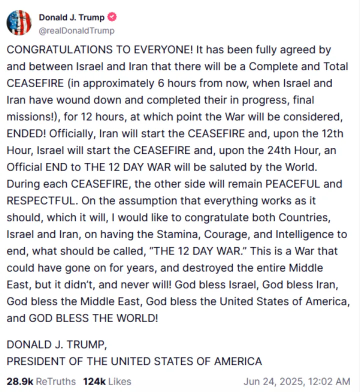 Trump statement on Israel Iran ceasefire
