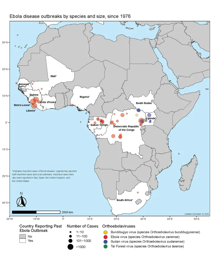 Ebola outbreaks map 1976-2025