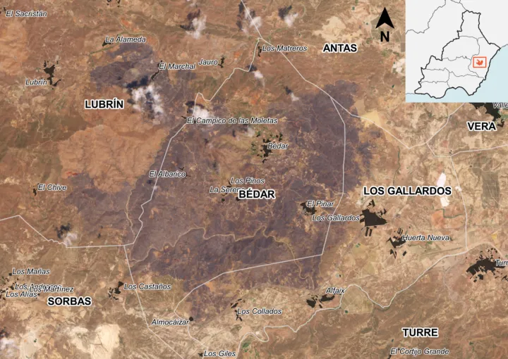Incendio de Los Gallardos (Almería) desde el satélite