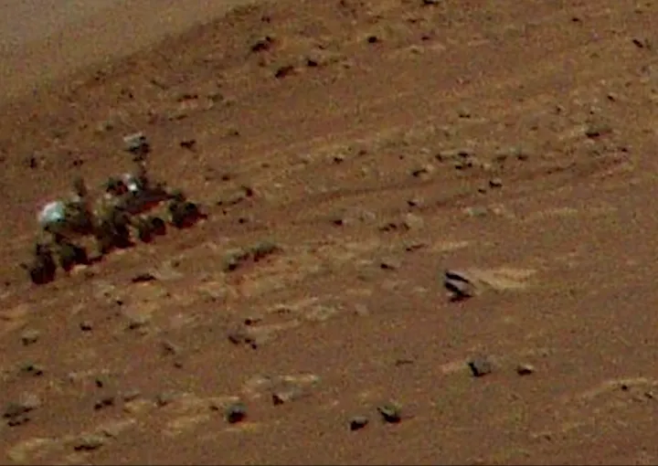 Zoomed in, Perseverance rover from Ingenuity during it's third flight