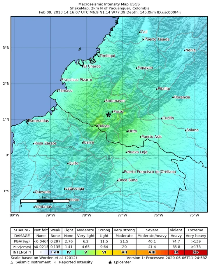 USGS ShakeMap Yacuanquer Nariño Colombia Earthquake 2013