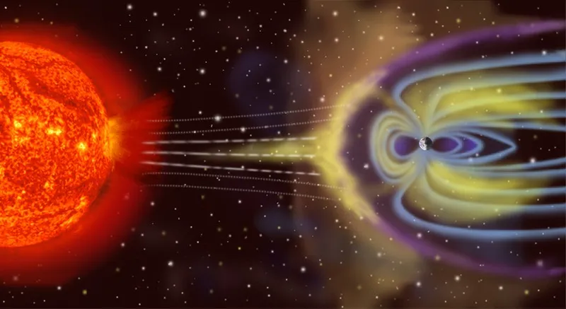 Artist’s rendition of Earth’s magnetosphere deflecting the solar wind from the Sun