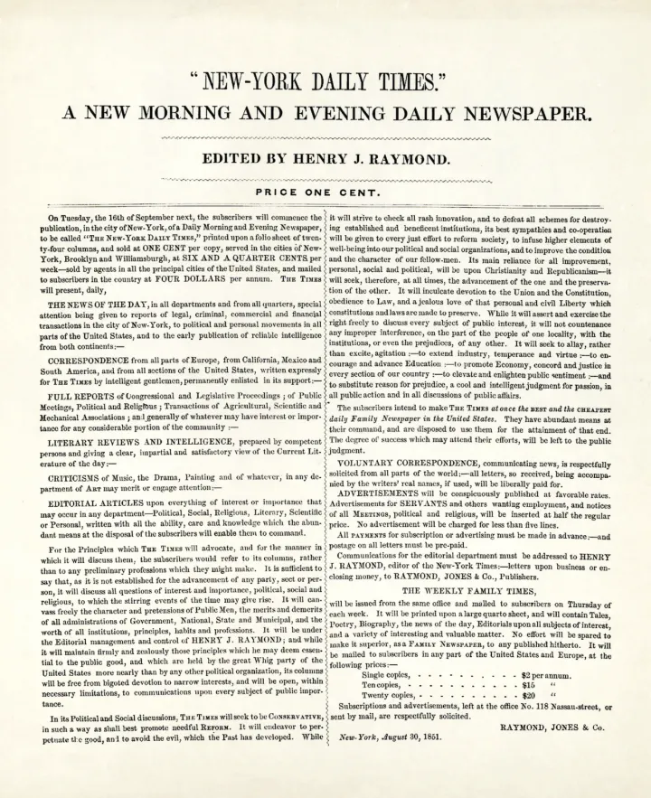 18510831 prospectus of "New-York Daily Times" (The New York Times)
