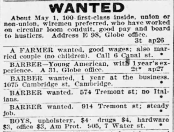 Boston Globe want ads, 1895