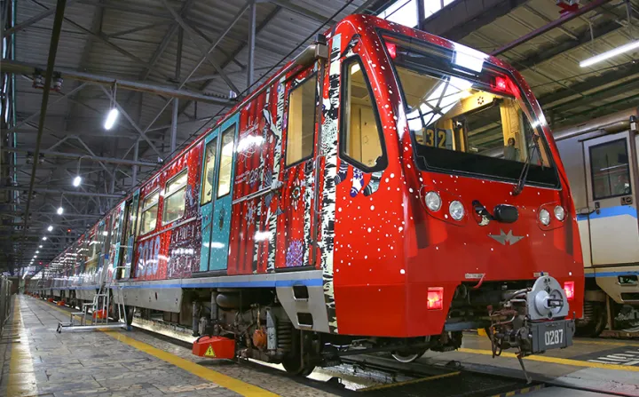 Journey into Christmas train in depot