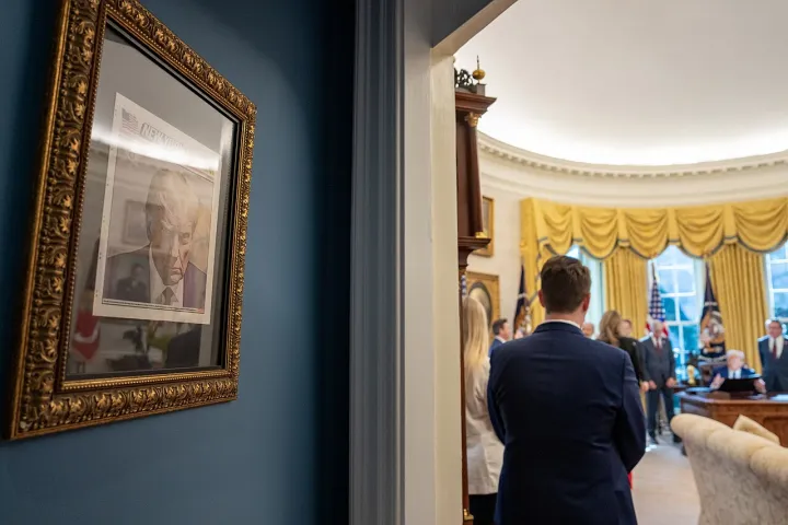 Donald Trump's mug shot hangs in the White House