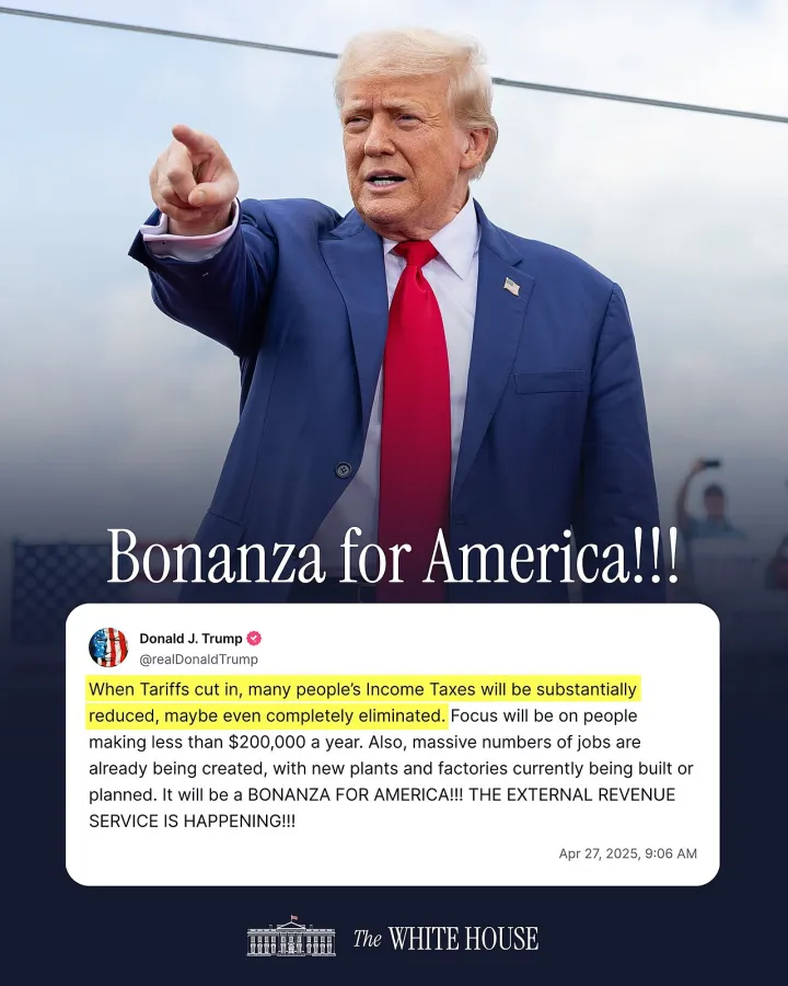 Trump social media post on income taxes and tariffs 2025