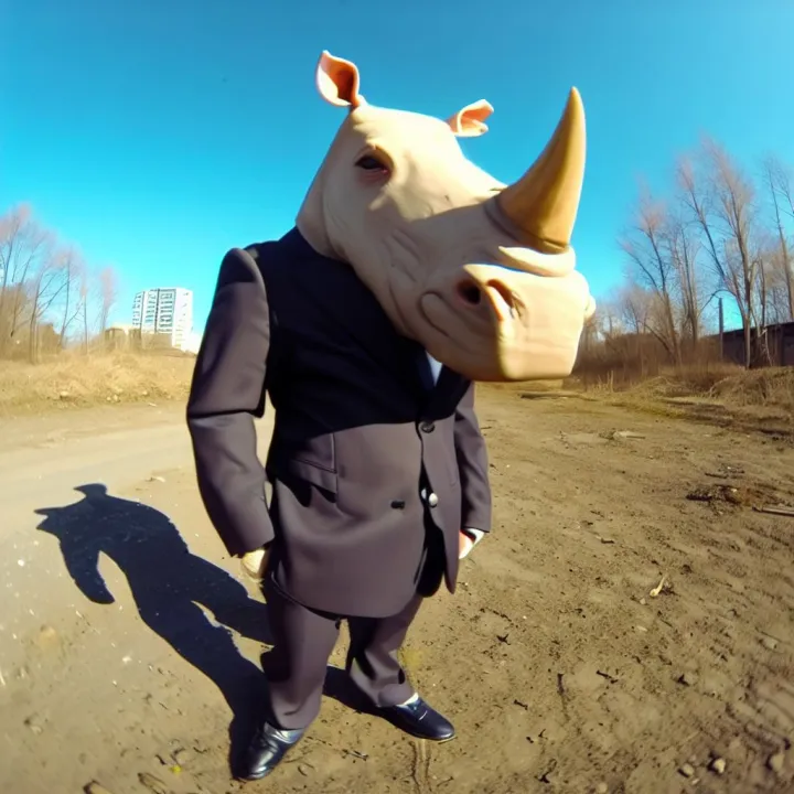 DALL-E2 Photographs taken by action camera showing anthropomorphic rhinoceros wearing business suit and standing on two feet