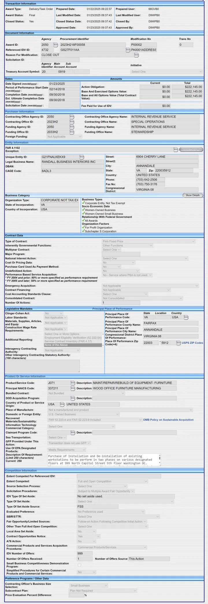 DOGE Termination of a $222,145 USDT Contract For Wood Office Furniture Manufacturing