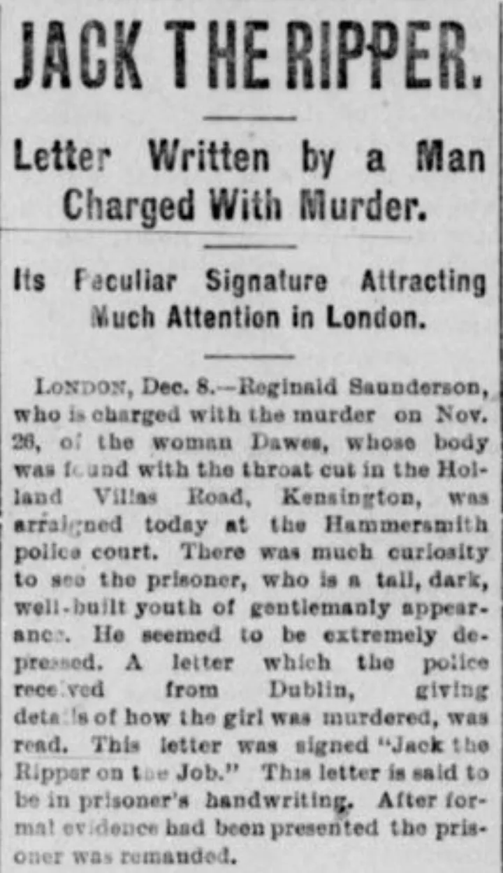 Jack the Ripper, Letter written by a Man Charged With Murder