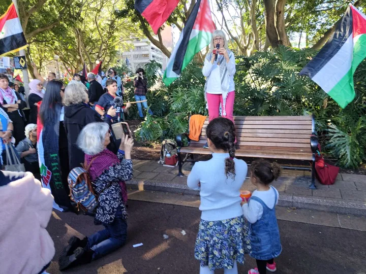 2025 counter anti-migrants protest in Sydney, speakers give speeches and elderly and children watch