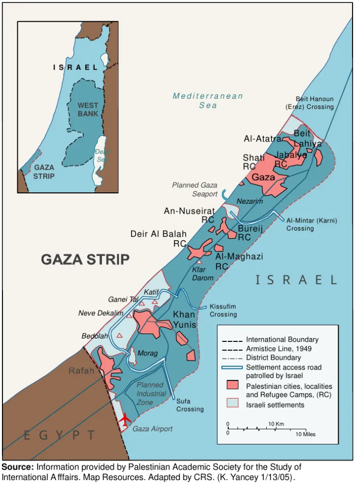Map of former Israeli settlements in Gaza CRS-2005