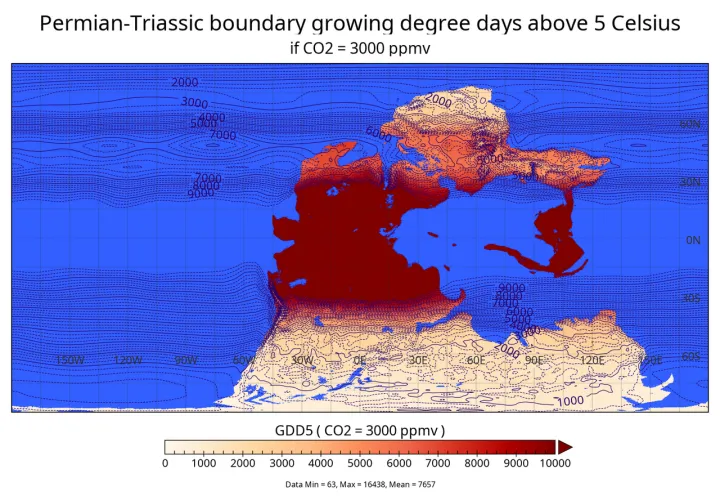 Permian triassic boundary growing degree days above 5 degrees celsius if co2 3000 ppmv 1
