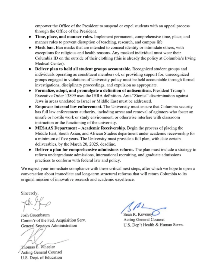 Trump administration list of demands to Columbia University 02