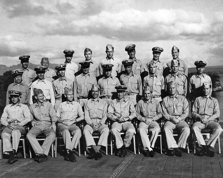 US Navy 061227-N-0000X-001 Group photo of ship's gunnery officers aboard the fast aircraft carrier USS Monterey (CVL 26)