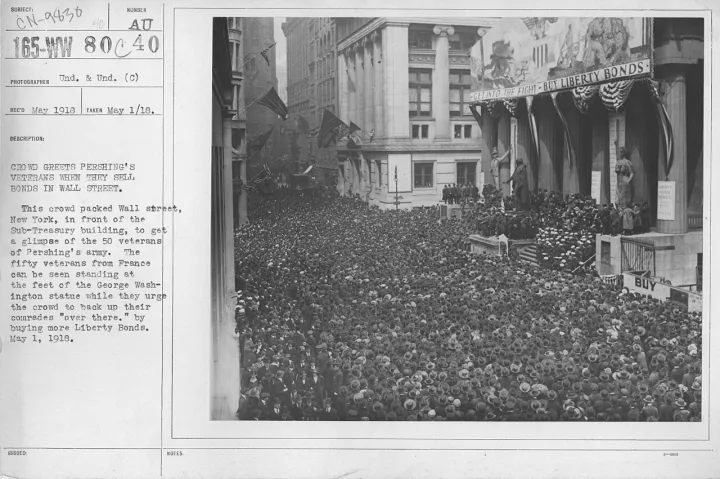 Ceremonies - Liberty Loans (War Finance Parade) - Crowd greets Pershing's veterans when they sell bonds in Wall Street. This crowd packed Wall Street, New York,