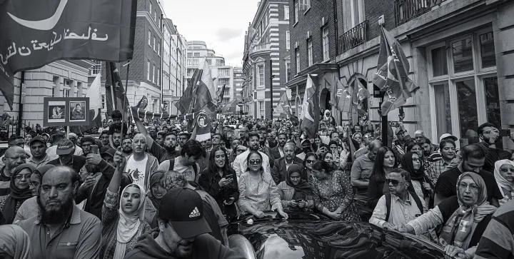 Protesters supporting former Pakistan Prime Minister Imran Khan protest in Mayfair, London