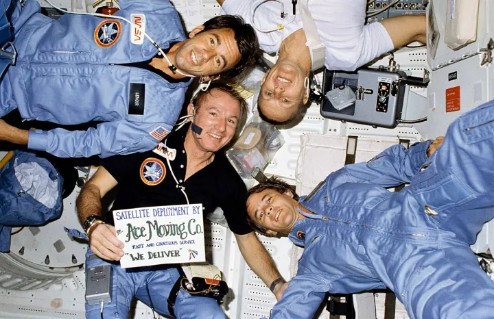 STS-5 crew onboard portrait on port side middeck 2