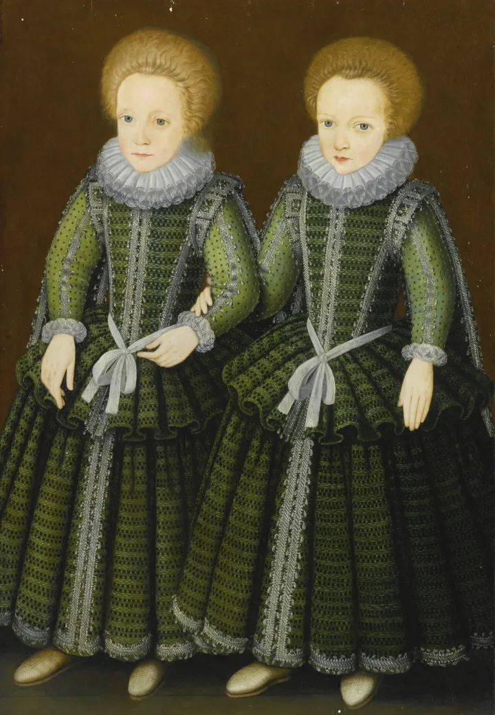 English School Double Portrait of Two Children in Green