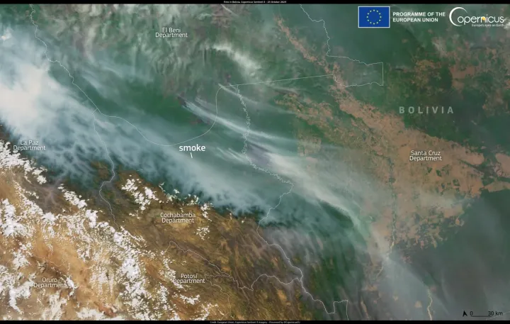 Bolivia, engulfed with smoke due to wildfire and drought (Copernicus 2023-10-24).webp