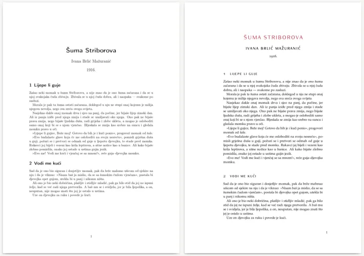Document produced by LaTeX - article class vs scrarticle class with classicthesis - Ivana Brlić Mažuranić - Šuma Striborova (Croatian)