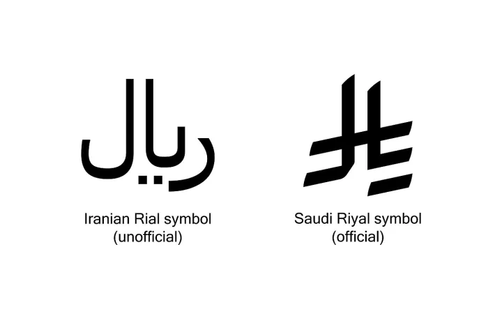 Currency symbols of the Saudi Riyal and the Iranian Rial