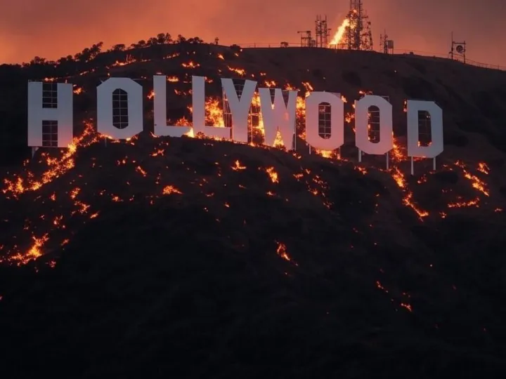 AI-generated deepfake hoax image of the Hollywood sign during the 2025 California wildfires