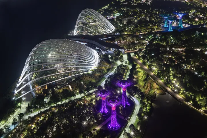 Cloud Forest - Gardens by the Bay - at night seen from the sky observation deck of Marina Bay Sands Singapore