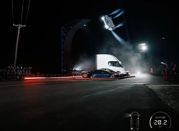 The new Tesla Roadster inverted above a Tesla Semi during the McGregor demonstration, altitude 20.2 feet