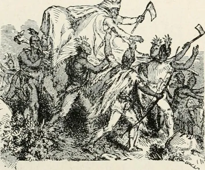 Opechancanough carried to battle from pp218 of History of the Pilgrims and Puritans, their ancestry and descendants (1922)