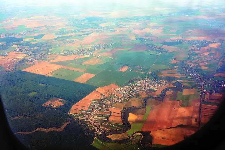 Aerial photograph looking roughly east toward Curucubeu and Balta Doamnei, Prahova County, Romania