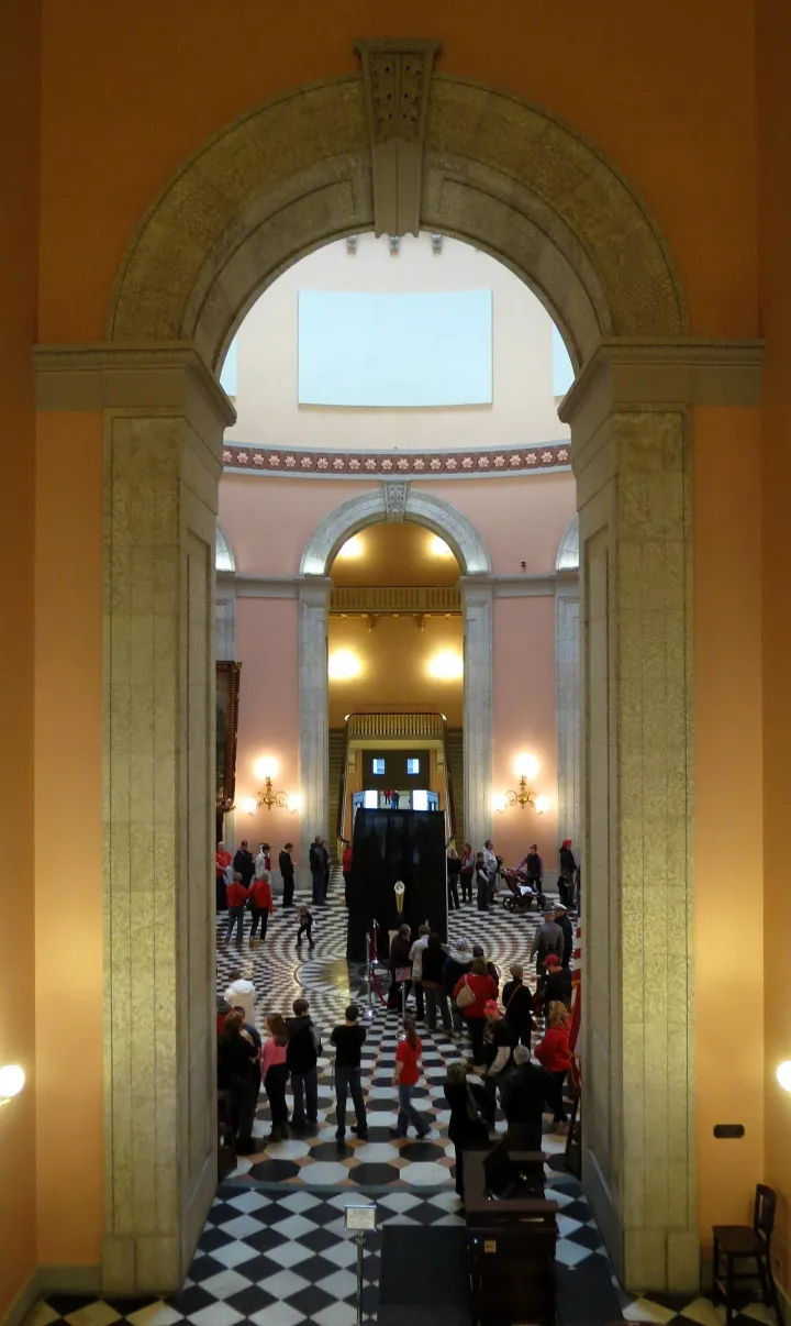 College Football Playoffs National Championship Trophy on display at the Ohio Statehouse (Columbus, Ohio) - view from mezzanine