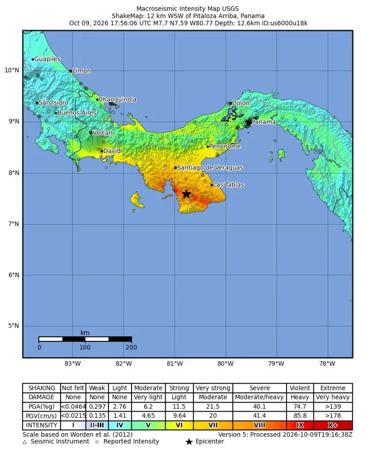 Full USGS ShakeMap, with the intensity scale, for the M7.7 earthquake near Pitaloza Arriba, Panama, on October 9, 2026.