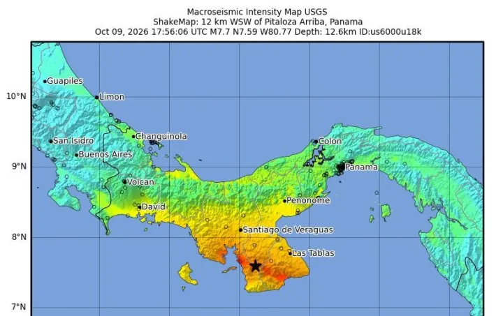 USGS ShakeMap for the M7.7 quake 12 km WSW of Pitaloza Arriba, Panama, on October 9, 2026. The star marks the epicenter.